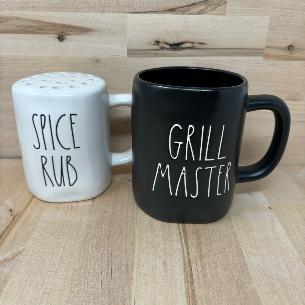 Rae Dunn SPICE RUB GRILL MASTER Set 2 Piece White Black Ceramic Shaker & Mug New